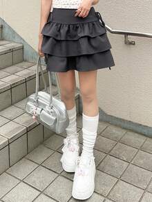 FRIFUL Women's Solid Dark Gray Waistband Side Slit Drawstring Bow Ruffle Hem Layered Pleated Casual Versatile Skirt - Dark Grey - View 4