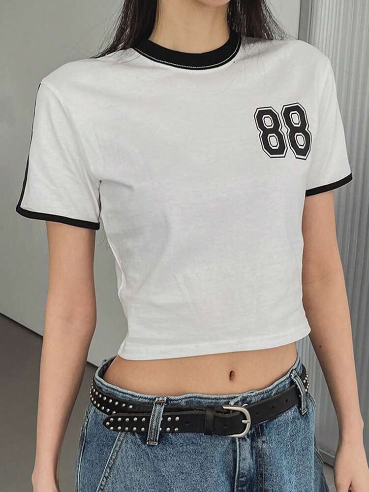 Women's Summer New Slim Fit Contrast Color Patchwork Round Neck T-Shirt Crop Tops Women