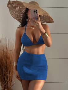 Costavie Bộ đồ bơi bikini gợi cảm buộc dây màu trơn đi biển mùa hè dành cho nữ kèm váy che, bộ 3 món - Xanh đậm - Xem 1