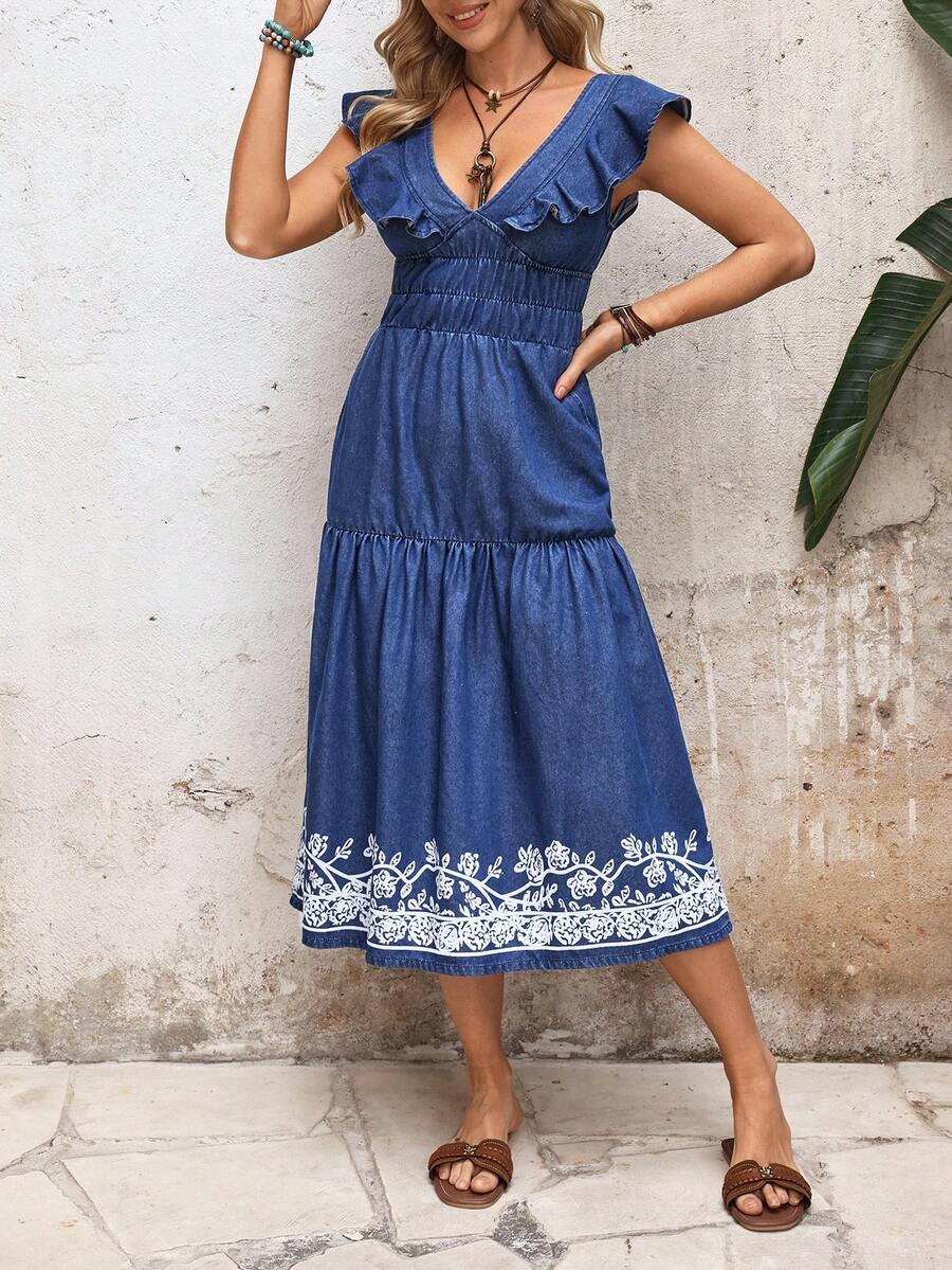 Breezaya Vestido casual de verano con cuello en V, estampado floral y dobladillo con volantes - Azul - Ver 1