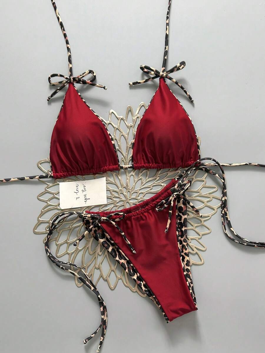 Swim Vcay 2pcs Leopard Print Bowknot Sexy Bikini Set, Women Halter Tankini Swimsuit - Red - View 1