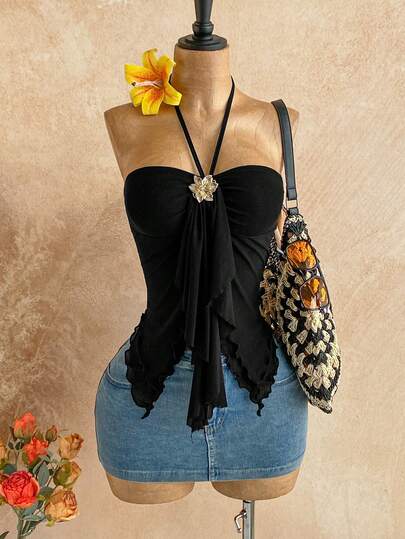 Soleia Women's Summer Beach Vacation Style Minimalist Solid Color Metal Floral Decor Asymmetrical Hem Backless Tie Neck Blouse Black Halter Top Bohemian Top Vintage Tops Women Scarf Top 3d Flower Top,Summer Top