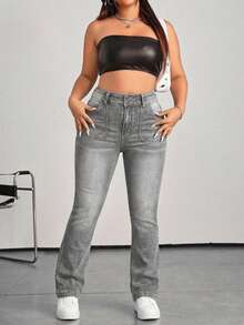 Plus Size Women Slim Fit Flare Leg Casual Versatile Jeans - Grey - View 5