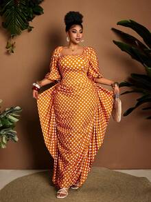 Maweii 春夏新款优雅法式方领衬衫波点百褶裙两件套，大码 - 橘色 - 查看 5