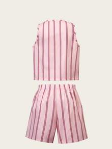 SHEIN Casuvi Kids 2件套 少女无袖条纹编织背心，蝴蝶结装饰，松紧腰宽松休闲短裤，夏季 - 粉色 - 查看 2