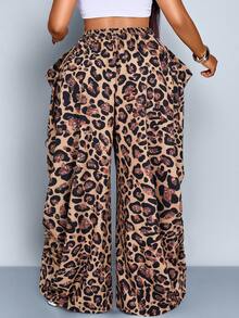 SOLERSUN Quần ống rộng dáng suông, cạp chun, họa tiết da báo, cỡ lớn, in hình báo đốm, kiểu dáng thoải mái, đa năng, thích hợp cho lễ hội âm nhạc. - màu nâu - Xem 2