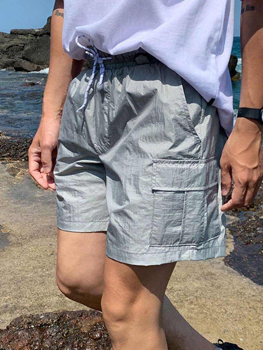 DAZY 男士灰色弹力腰带纹理面料休闲短裤，夏季 - 灰色 - 查看 1