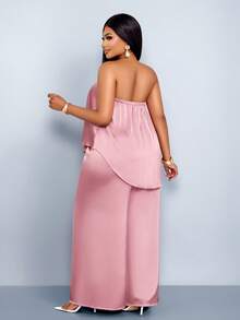 SOLERSUN Plus Size Women's Elegant Dusty Pink Summer 2 Piece Sets Curve Strapless Asymmetrical Ruffled Top & Wide-Leg Satin Suit For Cocktail Party Vacations - Dusty Pink - View 6