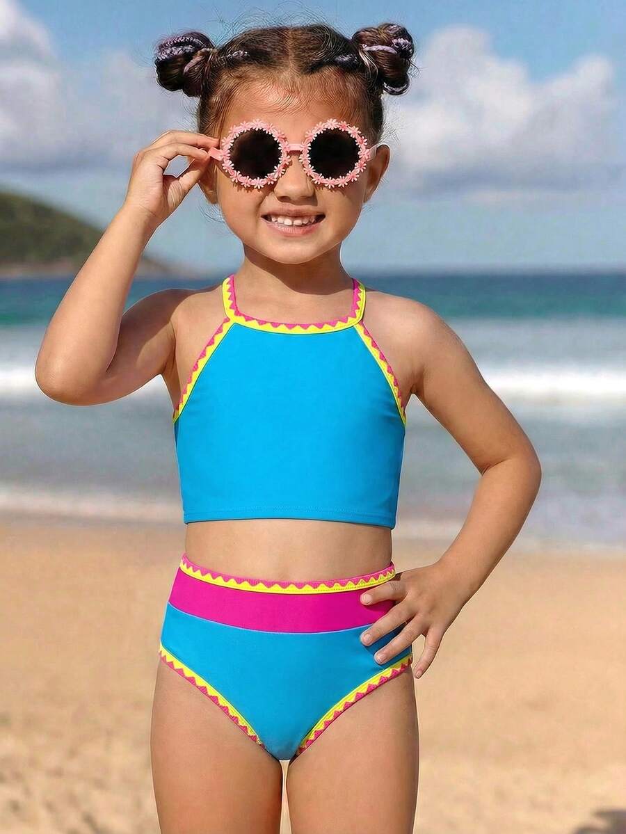 SHEIN 两件套女童比基尼泳衣套装，包括蓝色背心和撞色贝壳边饰泳裤，时尚休闲优雅设计，适合游泳、海滩、泳池、夏季度假等场合。 - 彩色 - 查看 1