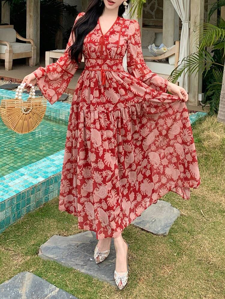 Women's Casual Vacation Style All-Over Print V-Neck Flare Sleeve Dress,Valentine Outfits For Women Sundress Boho