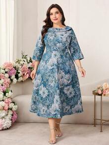 Ellevyn 大码女士优雅提花长袖中长连衣裙，适合派对和外出，秋冬季 - 彩色 - 查看 7