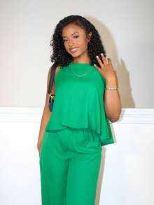 Steph T 優雅的圓領無袖寬鬆下擺短款上衣直筒褲橙色女裝兩件套-C - 綠色 - 查看 5