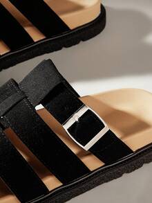 女士厚底凉鞋，时尚镂空穆勒鞋，舒适平底拖鞋，适合春夏度假休闲及户外活动，防滑设计，新款渔夫罗马编织平底凉鞋 - 黑色 - 查看 5