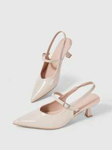 Sleekvia 杏色漆皮尖头无后跟金属扣细高跟通勤鞋 - 杏色 - 查看 5