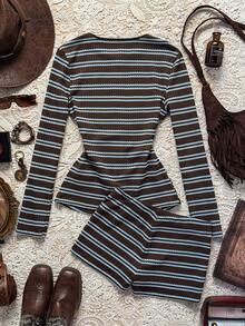 Easelle 女士休闲条纹纽扣针织上衣和短裤两件套家居服套装 - 彩色 - 查看 10