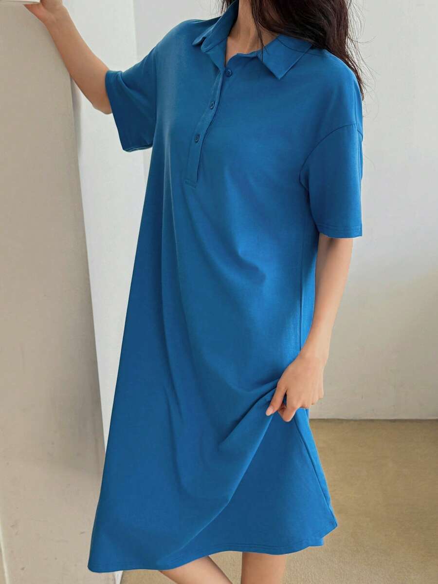 DAZY Đầm nữ tay ngắn màu trơn cài cúc, kiểu dáng thường ngày, thích hợp mặc ở nhà. - Màu xanh lam - Xem 1