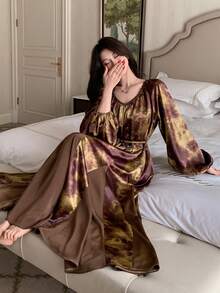 DAZY Tie Dye Print Patchwork Satin Lantern Sleeve Cinched Waist Long Women Nightgown - Brown - View 6