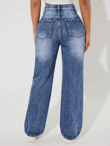 SHEIN PETITE Celana Jeans Denim Wanita Kasual Pinggang Tinggi Potongan Lurus, Serbaguna untuk Perjalanan Sehari-hari, Wanita Bertubuh Mungil - Medium Wash - View 2