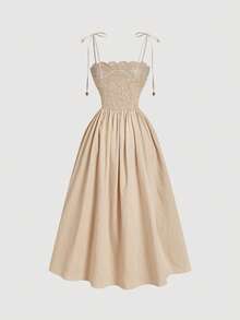 SHEIN MOD 女士花卉刺绣褶皱腰身中长吊带裙 - 卡其色 - 查看 4