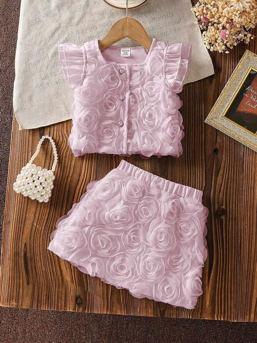 2pcs 2 Pieces Set Baby Girl Chic Stylish Sweet 3D Rose Floral Flower Petal Texture Squishy Mesh Tulle Ruffle Flutter Sleeve Button Front Soft Lightweight Skirts Tops Summer Tops Shirts Tank Tops Summer Dress Style Outfits Clothing Sets Two Pieces Suits Easter Dress Party Birthday Holiday Event Spring Summer Autumn - Dusty Pink - View 1