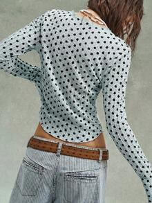 Bohemela Spring & Summer BOHO Vacation Valentine's Day Music Festival Casual Polka Dot V-Neck Long Sleeve Knit Blouse For Women - Blue - View 2