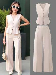 Conjunto formal de top sin mangas de apertura frontal + pantalones rectos holgados de unicolor tejido para niñas adolescentes, elegante para ir a la escuela o eventos - Caqui - Ver 5