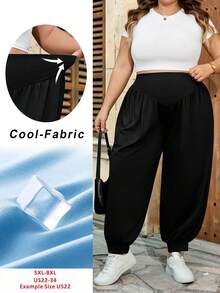 SHEIN CURVE+ Curve 尺码 US22 音乐节、海滨度假、波西米亚风女士高腰宽松抽绳慢跑裤，舒适女裤 - 黑色 - 查看 1