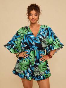 Travachic Mono de mujer talla grande con estampado de plantas tropicales, volantes y mangas acampanadas, informal para vacaciones - Verde - Ver 4
