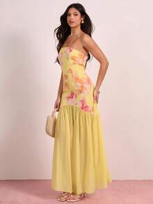 Enchnt French Style Printed Yellow Strapless Cinched Waist Dress - Yellow - View 4