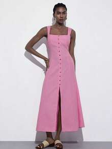 Aveloria Modichic Thiết kế móc cài tinh tế, tông màu hồng nhạt, phong cách tối giản hiện đại, cổ vuông, thiết kế không tay, trang trí cúc phía trước, dáng dài ôm sát, chân váy xòe bồng bềnh, chất liệu vải pha mềm mại như lanh, nhẹ nhàng và tôn dáng, tươi tắn và ngọt ngào, đa năng cho mặc hàng ngày, nghỉ dưỡng, các dịp trang trọng như hẹn hò, đám cưới, tiệc vườn, dạ hội, kỳ nghỉ. - Hồng - Xem 3