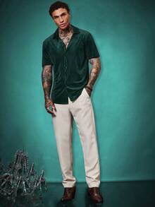 EASEVO Plus Size Men's Casual Vertical Striped Short Sleeve Shirt, Summer - Green - View 8