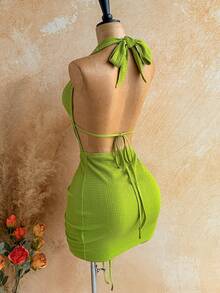 Soleia Women's Fluorescent Green Metal Linked Plunging Neck Sexy Mini Dress,Summer Dresses For Women - Green - View 2