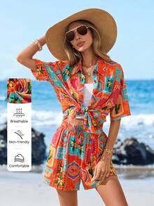 Sylviya Women's Casual Fruit & Floral Print Shirt Set,Orange Red Summer Boho Vacation Holiday Beach Outfits Tropical Outfits For Women - Multicolor - View 4