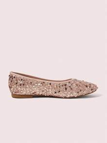 CUCCOO DOLLMOD Women's Shiny Minimalist Round Toe Cute Ballet Shoes, Sequin Material, Suitable For All Seasons And Occasions - Pink - View 3