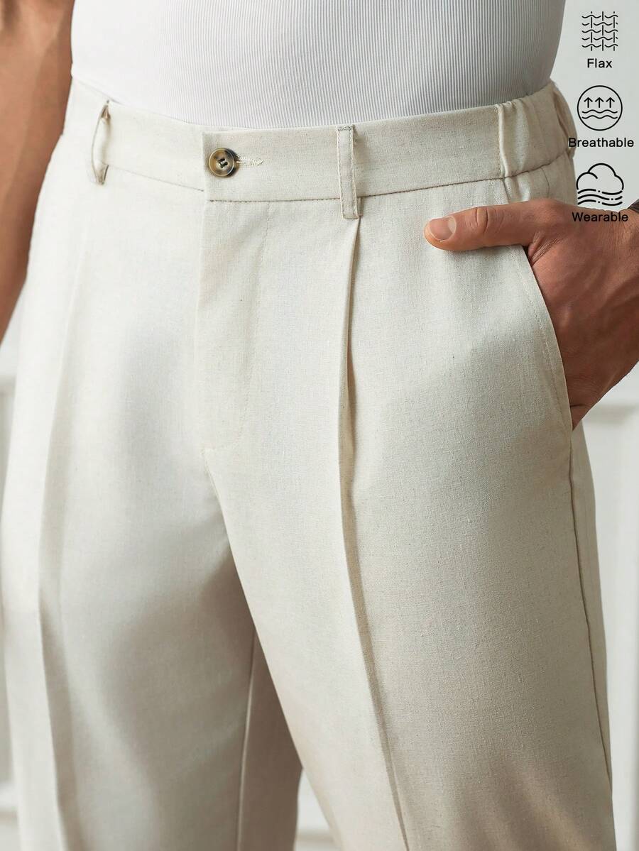 HUEFORM Men's Apricot Linen Straight Fit Pants, Spring/Summer Cream Pants High Waisted Pants,Suitable For Leisure And Vacation Scenarios - Apricot - View 1
