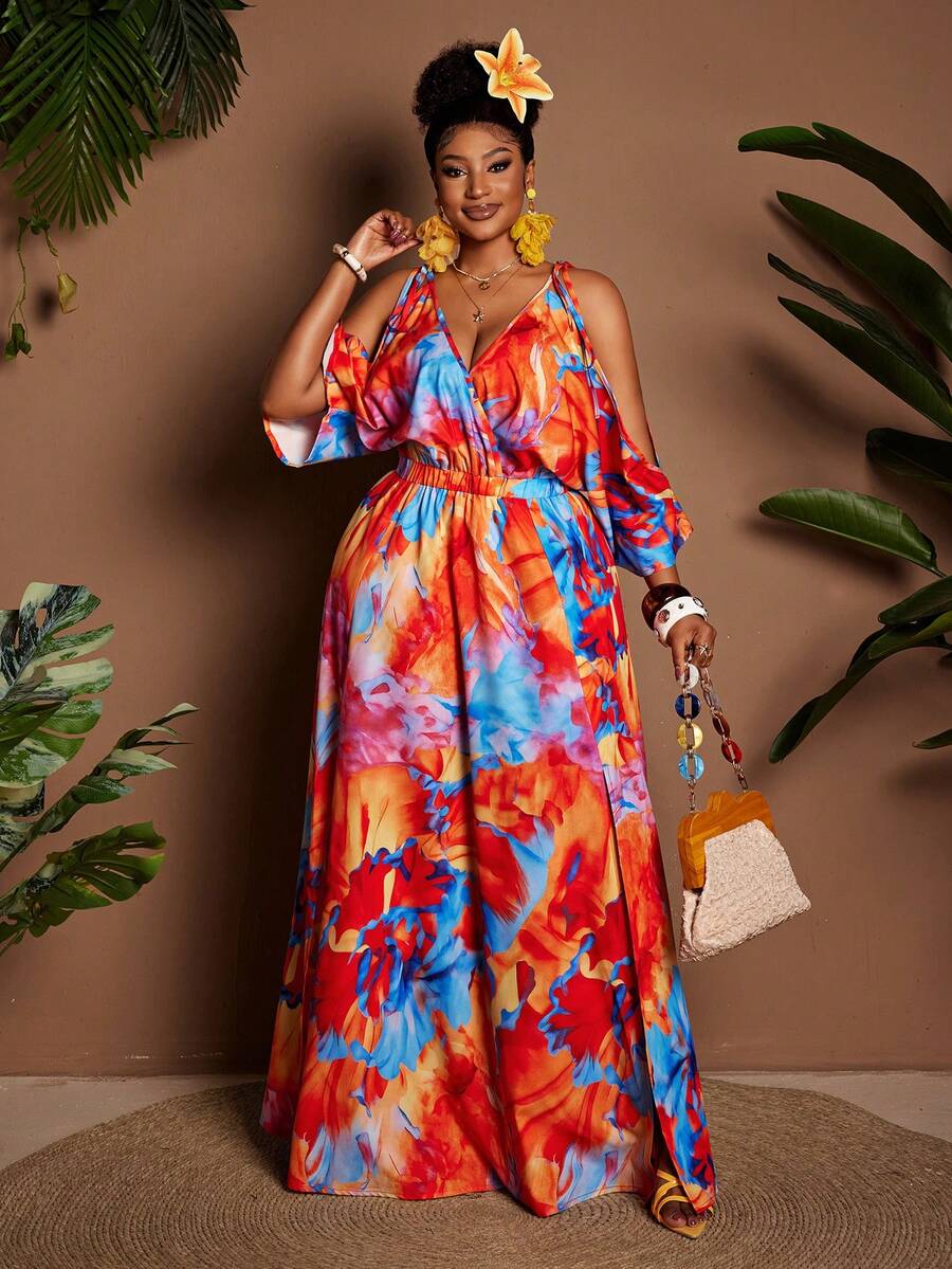 Maweii Vestido de mujer talla grande con estampado floral sin mangas y sin estiramiento, mono casual sexy con cintura ceñida para vacaciones - Multicolor - Ver 1
