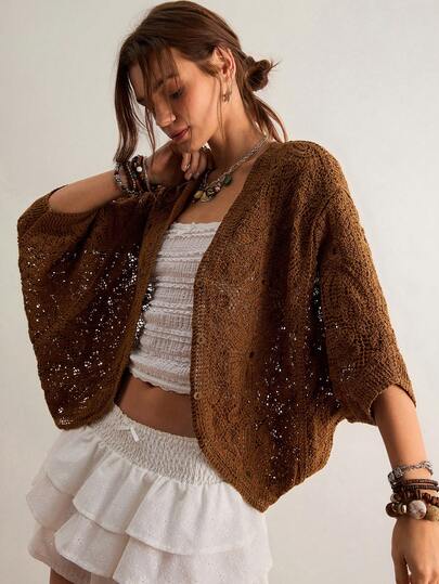 Freevana Bohemian Vintage Crochet Hollow Knit Cardigan, Brown V-Neck 3/4 Sleeve, Loose Casual Spring Outerwear, Elegant Spring Layering Piece