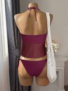 SHEIN Swim Vcay Women's Wine Red Printed Halter Ruched Tankini Top And Knotted Triangle Bottoms Swimsuit Set - Red Violet - View 5