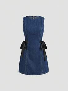 Sweetra 女士时尚休闲优雅百搭侧打结无袖牛仔连衣裙 - 中等水洗藍 - 查看 1