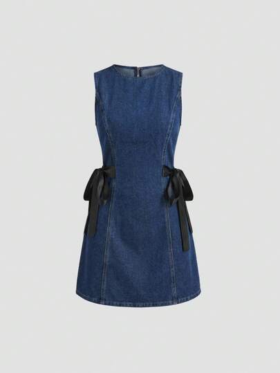 Sweetra 女士时尚休闲优雅百搭侧打结无袖牛仔连衣裙