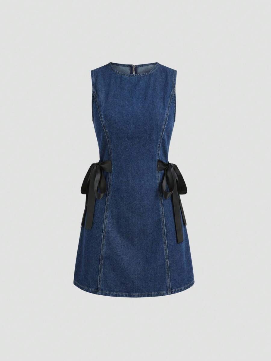 Sweetra 女士时尚休闲优雅百搭侧打结无袖牛仔连衣裙 - 中等水洗藍 - 查看 1