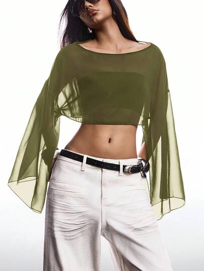 SHEIN EZwear Blusa transparente de mujer con cuello de barco y capa corta de malla de unicolor