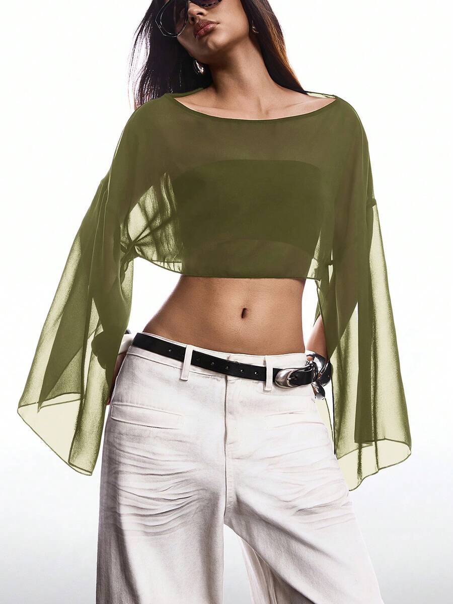 SHEIN EZwear Women's Solid Color Boat Neck Mesh Cropped Cape Sheer Blouse,Summer Top - Army Green - View 1
