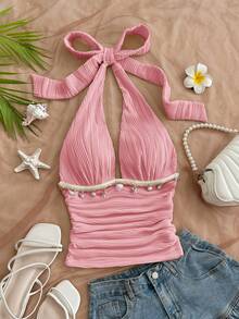 Soleia Women's Solid Color Halter Tie Ruched Sexy Versatile Casual Top,Pink Top - Pink - View 3