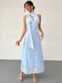 Firerie Women's Elegant Light Blue Long A-Line Dress,Flared Hollow-Out Waist Wedding Guest Bridesmaid Dress,Summer Tropical Holiday Vacation Holiday - Sky Blue - View 4