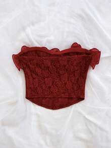 Soleia Top bandeau elegante con volantes y estampado jacquard para mujer - Rojo - Ver 2