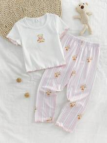 Bộ đồ ngủ cho bé gái, gồm áo in hình gấu dễ thương và quần in hình gấu kẻ sọc, thiết kế viền tương phản, tay ngắn và quần dài thanh lịch, bộ đồ ngủ 2 món. - trắng - Xem 1