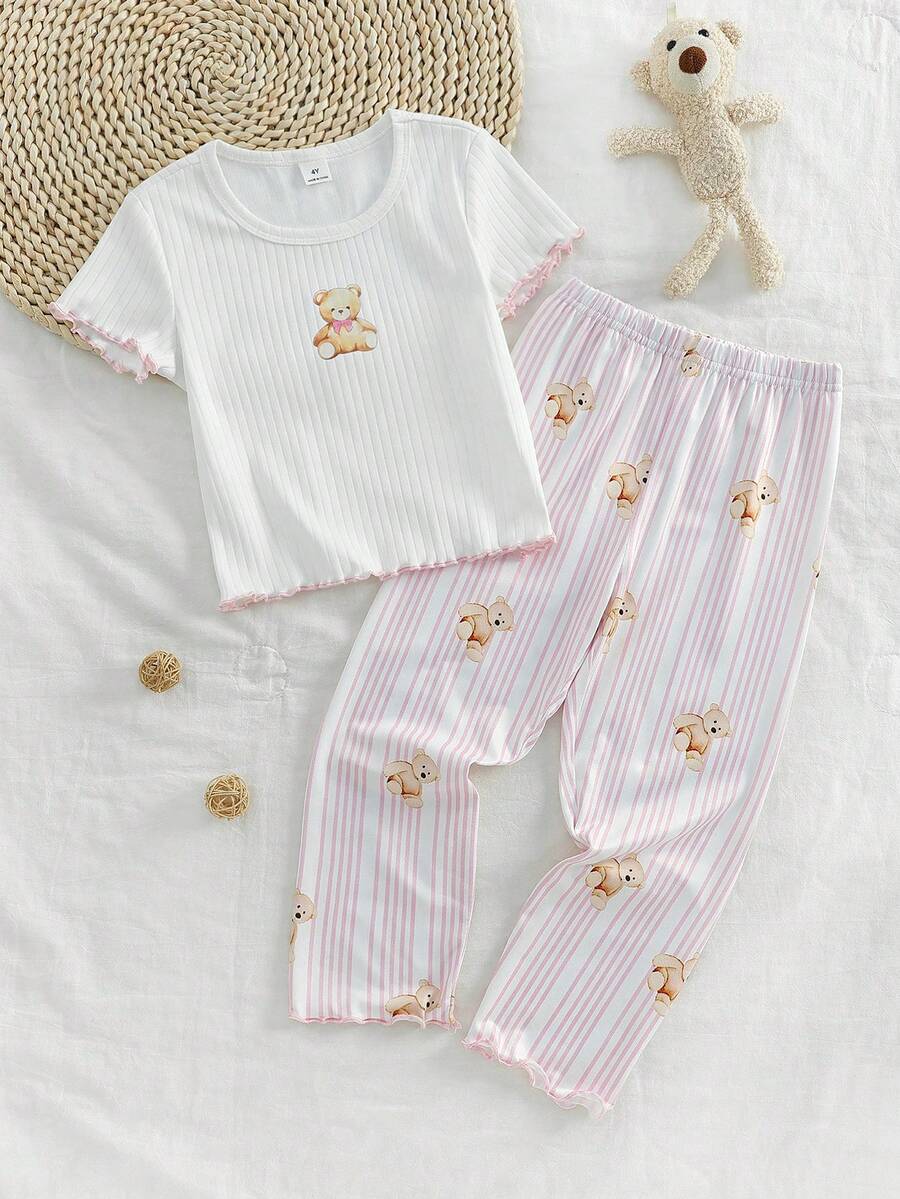 Bộ đồ ngủ cho bé gái, gồm áo in hình gấu dễ thương và quần in hình gấu kẻ sọc, thiết kế viền tương phản, tay ngắn và quần dài thanh lịch, bộ đồ ngủ 2 món. - trắng - Xem 1