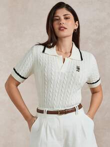 Briarwyn Women's Casual Contrast Trim Bear Embroidery Short Sleeve Sweater, Summer - White - View 3