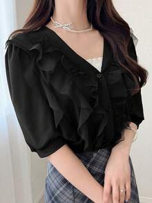 FRIFUL Women's V-Neck Multi-Layer Mesh Ruffle Trim Sweet Short Sleeve Cardigan T-Shirt - Black - View 6